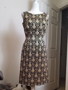 Black and Gold Brocade Sleeveless Midi Dress